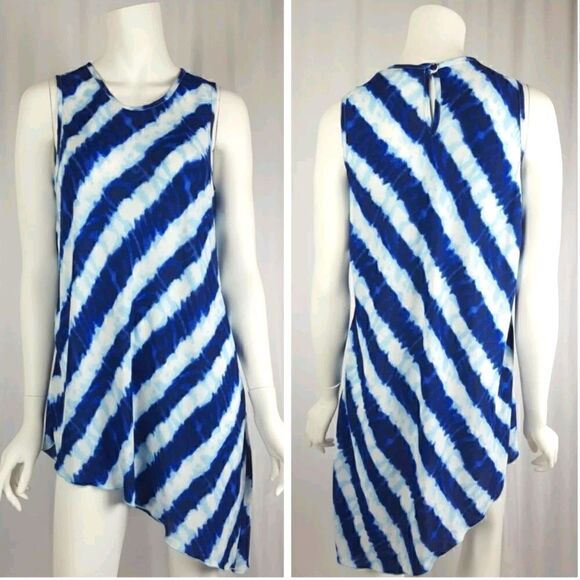 Soft Surroundings Size XS Blue Striped Sleeveless Asymetrical Hem Mini Dress - Picture 1 of 12